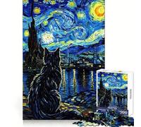 Cat Gazing at Starry Night Jigsaw 1000 Pieces for Teenagers Sharp Memory Easy Relaxation Neat Edges Joyful Xmas (50x75cm)