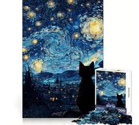 Cat Gazing at Starry Night Painting Jigsaw Puzzles 1000 Piece for Adults Thought Training Peaceful Escape Uniform Cut (50x75cm)