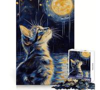 Cat Gazing at The Moon Jigsaw Puzzle for Teenagers 1000 Pieces Mind Power Gentle Pastime Uniform Edges Memorable Gift (38x52cm)