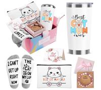 Cat Gifts for Women - Cat Lover Themed Basket with 20 oz Mug Cup, Makeup Bag, Natural Stone Bracelets, Socks for Mother's Day, Birthday, Christmas