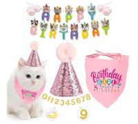 Cat Girl Pink Birthday Party Supplies, Pet Birthday Hat with Numbers, Pet Cat Birthday Bandana, Cats Banner Birthday Decorations for Cats Kittens Birthday Outfits (4PCS Pink)
