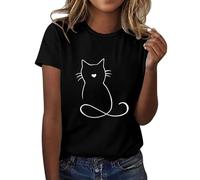 Cat Graphic Short Sleeve Shirts for Women UK Cute Round Neck Soft Casual Tshirts Ladies Summer Outdoor Lounge T-Shirt Plus Size Black