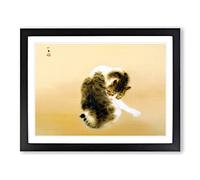 Cat Grooming Itself By Takeuchi Seiho Asian Japanese Framed Wall Art Print, Ready to Hang Picture for Living Room Bedroom Home Office Décor, Black A2 (64 x 46 cm)