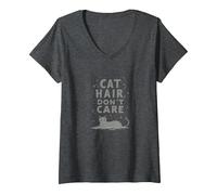 Cat Hair, Don't Care: Feline Attitude Statement V-Neck T-Shirt, Women, Dark Heather Grey, XL