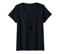 Cat Hair Everywhere & I Don't Care Funny Pet Lover V-Neck T-Shirt, Women, Black, L