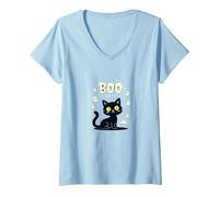 Cat Halloween Boo Kitty Spooky Ghosts Cute Funny V-Neck T-Shirt, Women, Baby Blue, XXL