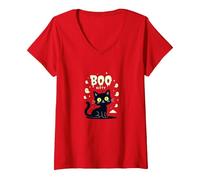 Cat Halloween Boo Kitty Spooky Ghosts Cute Funny V-Neck T-Shirt, Women, Red, L