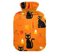 Cat Halloween Leaves Orange Hot Water Bottle with Cover for Pain Relief Bed Warmer Hot Water for Headaches Back Pain, 2L