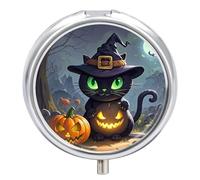 Cat Halloween Pill Box Round Portable Small Pill Case Waterproof Travel Pill Box Organizer for Pocket Purse and Daily Convenience