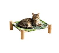 Cat Hammock Bed - Elevated Wooden Pet Camping Lounger | Removable Washable Fabric Rest Seat | Indoor Outdoor Sleeping Bed For Small Cats Dogs Tropical Leaf Dinosaur Alpaca Pattern