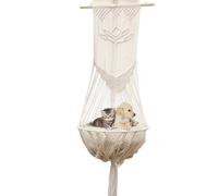 Cat Hammock net Pocket - Breathable Cotton Suspended cat Bed Sturdy Iron Frame+Natural Wood Bead Decoration Indoor Window pet Rest Bed