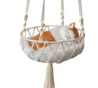 Cat Hammock net Pocket - Breathable Cotton Suspended cat Bed Sturdy Iron Frame+Natural Wood Bead Decoration Indoor Window pet Rest Bed