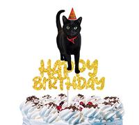 Cat Happy Birthday Cake Topper Black Cat Cake Decorations for Boys Girls Pets Cute Mewo Animal Theme Party Supplies Black Gold Glitter