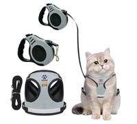 Cat Harness and Lead Set Extendable Retractable Cat Dog Lead 16.4 Ft / 5 M Long Line Dog Leads Reflective Adjustable Escape Proof Harness Vest (Grey, S)