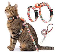 Cat Harness and Leash Escape Proof for Walking Travel Outdoor - Cute Floral Nylon Adjustable Cute Cat Harness Leash Set with Airtag Holder for Small Large Cats