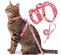 Cat Harness and Leash Escape Proof for Walking Travel Outdoor Cute Strawberry Nylon Adjustable Leash Set with Airtag Holder for Small Large Cats
