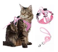 Cat Harness and Leash Set With AirTag Holder, Upgraded Escape Proof Adjustable Kitten Vest with Lead for Large Cat Small Dog Puppy Walking, Soft Breathable Mesh Jacket with Reflective Strips L, Pink