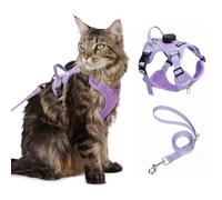 Cat Harness and Leash Set With AirTag Holder, Upgraded Escape Proof Adjustable Kitten Vest with Lead for Small Cat Outdoor Walking, Soft Breathable Mesh Jacket with Reflective Strips M, Purple