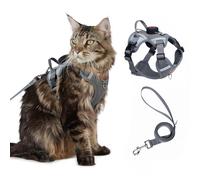 Cat Harness and Leash Set With AirTag Holder, Upgraded Escape Proof Adjustable Kitten Vest with Lead for Small Cat Outdoor Walking, Soft Breathable Mesh Jacket with Reflective Strips S, Gray