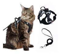 Cat Harness and Leash Set With AirTag Holder, Upgraded Escape Proof Adjustable Kitten Vest with Lead for Small Cat Outdoor Walking, Soft Breathable Mesh Jacket with Reflective Strips M, Black