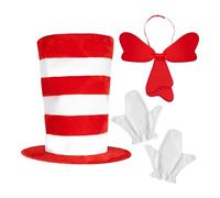 Cat Hat Bow | Red White Striped Cat in The Hat Costume Set,Role-Playing Cosplay Accessories with Gloves Bowtie Halloween Props for World Book Day Event Classroom Party