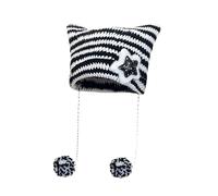 Cat Hat - Cat Ears Knitted Hat with Hanging Fur Ball, Cat Gifts For Women, Teenage Girls Gifts Cat, Crochet Gifts, Cat Gifts for Cat Lovers, Cute Stripes Cat Beanie, Fun Hat Presents (Cotton, B)
