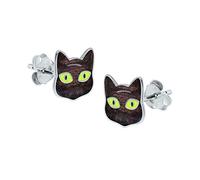 Cat Head Gift Earrings - Brown with Yellow Eyes - Sterling Silver