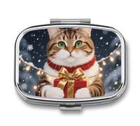 Cat Holding A Christmas Gift Pill Box - 2 Compartment Travel Pill Organizer with Small Mirror, Portable Pillcase for Pocket & Purse, Cute Square Medicine Case, Weekly Medicine Container