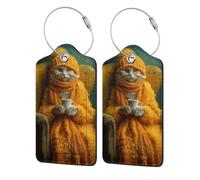 Cat Holding Coffee Cup Yellow Armchair Luggage Tag for Suitcase 2 Pack Leather Luggage Tag with Privacy Flap Name Id Label and Metal Loop for Women Men Travel