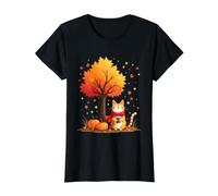 Cat Holding Iced Coffee Under Fall Tree Autumn Thanksgiving Value Graphic T-Shirt, Women, Black, XL