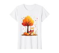 Cat Holding Iced Coffee Under Fall Tree Autumn Thanksgiving Value Graphic T-Shirt, Women, White, L