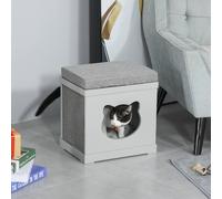 PawHut Cat House Bed Kitten Cave Cube Indoor w/Soft Cushion Sisal Scratching Pad - 41 x 30 x 36 cm - MDF, Sisal - Grey
