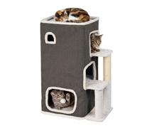Relaxdays 3-storey cat house, cat den with ball & scratching post, HxWxD: 83.5x43x34 cm, polyester, grey