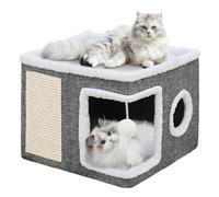 Cat House for Indoor Cats, 2-Tier Large Cat Cave with Scratching Board & Pompom, Foldable Kitten Hideaway with Cushion, 41x41x32cm, Modern Cosy Cute Bed for Multiple Kittens, Puppies, Small Pets