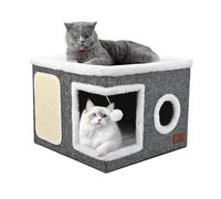Cat House for Indoor Cats, Large Cat Cave Bed with Scratch Pad and Fluffy Ball, Foldable Cat Hideaway, Cat Bed with Reversible Cushion for Multi Small Pet 41D x 41W x 32H cm, Grey