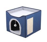 Cat House for Indoor Small Medium Pets with Removable Washable Cushion, Foldable Pet Bed Cave with Scratching Board, Cat Condo Hideaway for Kittens (Blue)