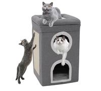 Cat House Indoor, 3 Storey Cat Cube Condo, Covered Cave Beds with Scratch Pad and Peephole, Cat Bed & Furniture for Multi Pets and Large Cats, 15.3 * 15.3 * 26 inches,Grey