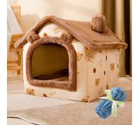 Cat House Indoor & Dog House Indoor - Cozy Enclosed Pet Nest with Blanket, Cat Condo & Dog Bed with Roof, Soft Plush, Large Space, (Brown teddy bear+blanket, M:44 * 35 * 38cm(Pet weight<6KG))