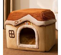 Cat House Indoor & Dog House Indoor - Cozy Enclosed Pet Nest with Blanket, Cat Condo & Dog Bed with Roof, Soft Plush, Large Space, (Brown Bear Castle, M:44 * 35 * 38cm(Pet weight<6KG))