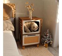 Cat House Side Table, 2-in-1 Wooden Cat House and Bedside Table with Scratching Board - Large Retro TV-Style Two-Tier Indoor Cat Activity Center, Suitable for Indoor Use, Bedside. (Walnut, O)