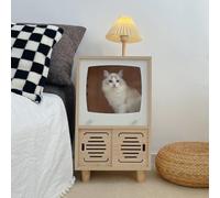 Cat House Side Table, 2-in-1 Wooden Cat House and Bedside Table with Scratching Board - Large Retro TV-Style Two-Tier Indoor Cat Activity Center, Suitable for Indoor Use, Bedside. (Oaken, O)