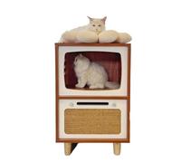 Cat House Side Table, 2-in-1 Wooden Condo for Indoor Cats, Retro TV Style 2-Tier Pet Activity Center, Pet Bed for Bedside, Large Luxury Cat Shelter
