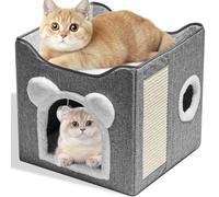 Cat House with Hanging Fluffy Ball & Scratching Pad, Indoor Large Foldable Cat Cave Hideaway, Enclosed Cats Beds Kitten Houses Pet Bed Furniture Mini Hole Condo for Multi Small Pets Large Kitty (Grey)