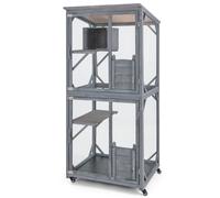 Cat House Wooden Kitten Cage 4 Wheels with Asphalt Roof & 2 Platforms