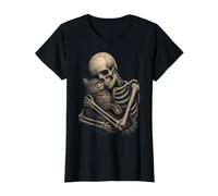 Cat Hugging Skeleton Gothic Lover Art Value Graphic T-Shirt, Women, Black, XS