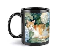 Cat Hydrangeas Flower Ceramic Coffee Mugs Black Tea Cups 330ML
