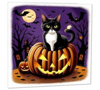 Cat In a Pumpkin Halloween Card Purple Sky Bats Moon Spooky 145 x 145mm