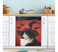 Cat in A Witch's Hat Dishwasher Magnet Cover for Door Front, Large Metal Decorative Kitchen Dishwasher Panel Decal Refrigerator Magnetic Decor Sticker 58 x 66 CM
