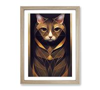 Cat In Art Nouveau No.1 Framed Print | A4 Oak Framed Wall Art | Ready to Hang | Modern Animal Picture | Living Room Bedroom Lounge Office