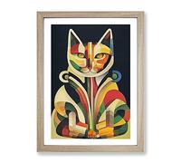 Cat In Art Nouveau No.4 Framed Print | A4 Oak Framed Wall Art | Ready to Hang | Modern Animal Picture | Living Room Bedroom Lounge Office